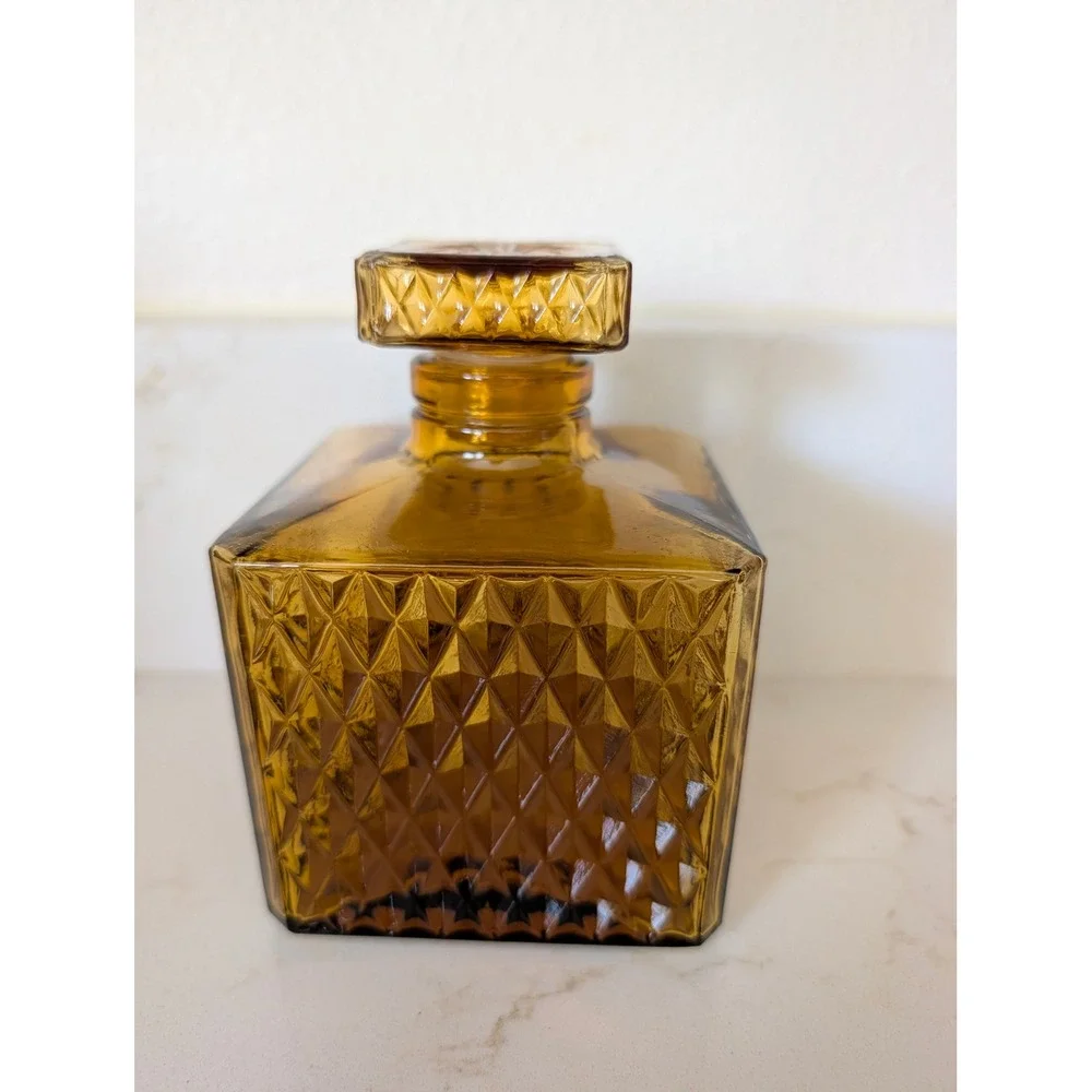 Vintage Amber Glass Decanter Diamond Point Square Bottle with Stopper MCM Honey